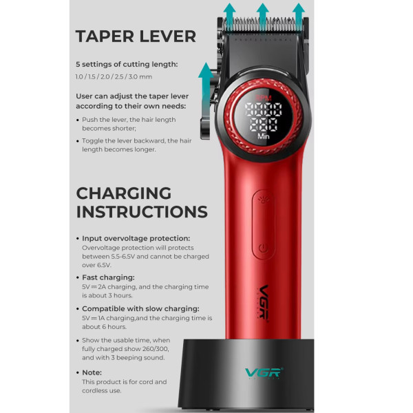 Машинка для стрижки акумуляторна 6 насадок TURBO 9000 RPM керамічне лезо золотиста VGR V-003