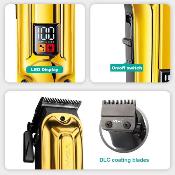 Машинка для стрижки акумуляторна 8 насадок 9000 RPM 2500 mAh LED дисплей золотиста VGR V-195