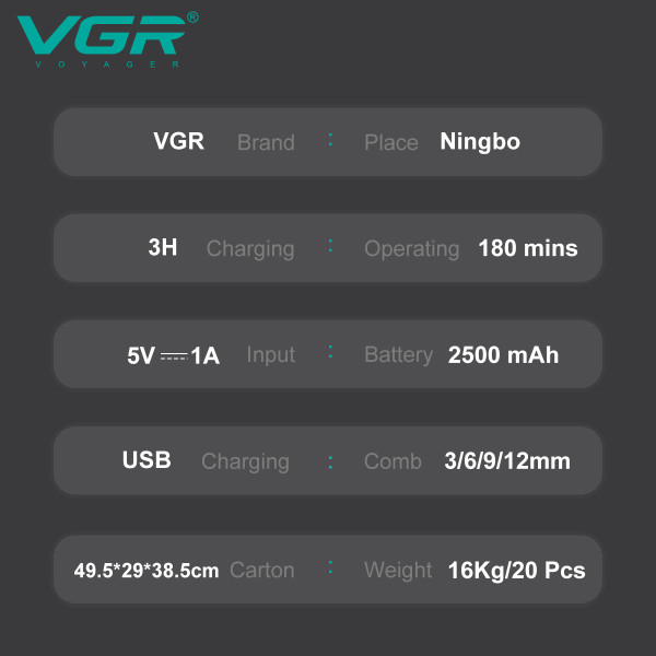 Машинка для стрижки акумуляторна 8 насадок 9000 RPM 2500 mAh LED дисплей золотиста VGR V-195