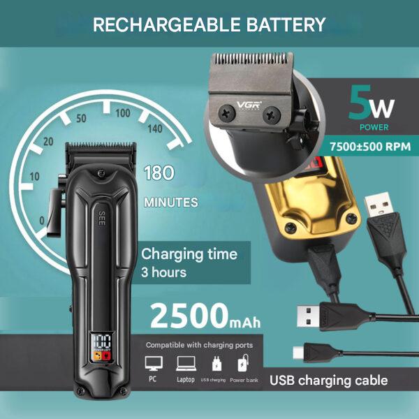Машинка для стрижки акумуляторна 8 насадок 9000 RPM 2500 mAh LED дисплей золотиста VGR V-195