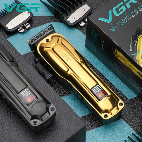 Машинка для стрижки акумуляторна 8 насадок 9000 RPM 2500 mAh LED дисплей золотиста VGR V-195