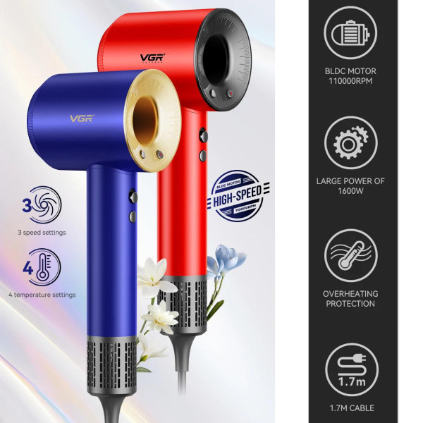 Фен професійний червоний 3 рівні обдування 4 рівні температури 1600 Вт 110000 RPM VGR V-445