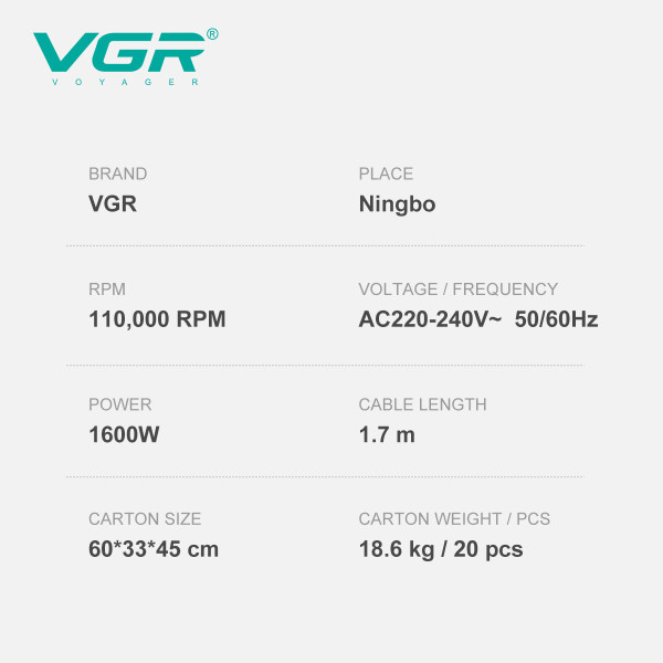 Фен професійний червоний 3 рівні обдування 4 рівні температури 1600 Вт 110000 RPM VGR V-445