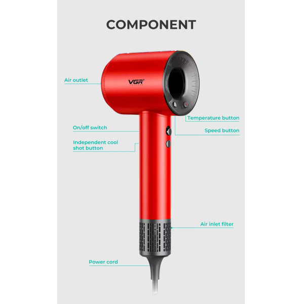 Фен професійний червоний 3 рівні обдування 4 рівні температури 1600 Вт 110000 RPM VGR V-445