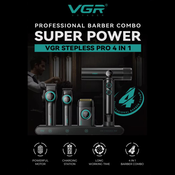 Комплект для стрижки 4 в 1 машинка триммер електробритва та фен VGR STEPLERSS PRO 4 IN 1 Black