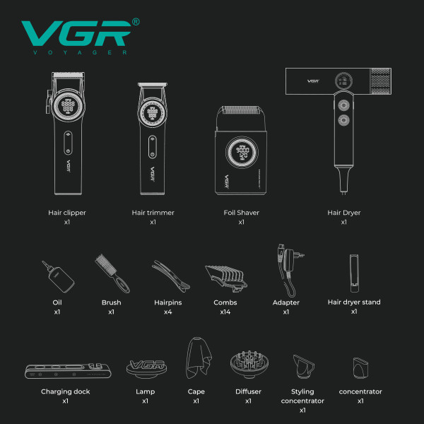 Комплект для стрижки 4 в 1 машинка триммер електробритва та фен VGR STEPLERSS PRO 4 IN 1 Red