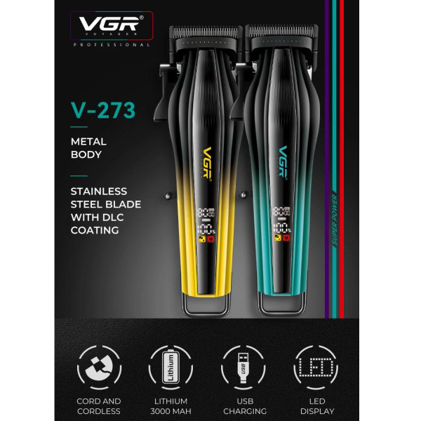 Машинка для стрижки акумуляторна 6 насадок 9000 RPM 2500 mAh LED дисплей зелена VGR V-279