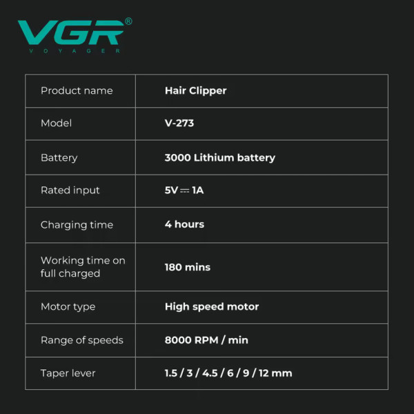 Машинка для стрижки акумуляторна 6 насадок 9000 RPM 2500 mAh LED дисплей зелена VGR V-279