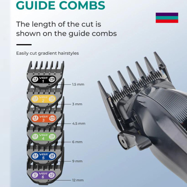 Машинка для стрижки акумуляторна 6 насадок 8000 RPM 3000 mAh LED дисплей зелена VGR V-273