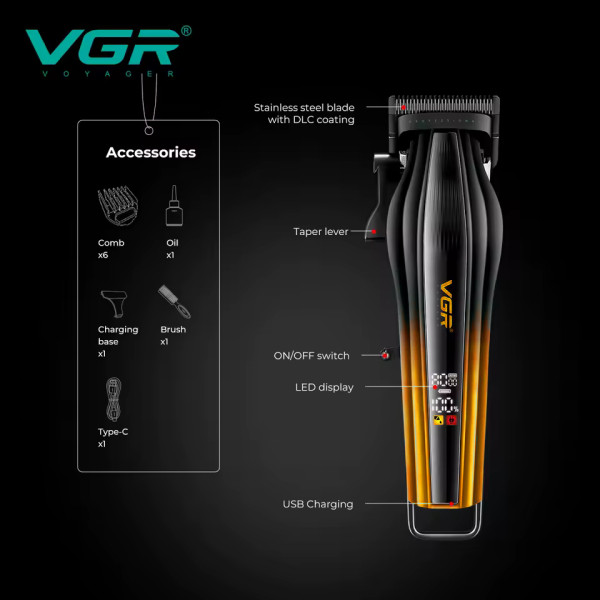Машинка для стрижки акумуляторна 6 насадок 8000 RPM 3000 mAh LED дисплей зелена VGR V-273