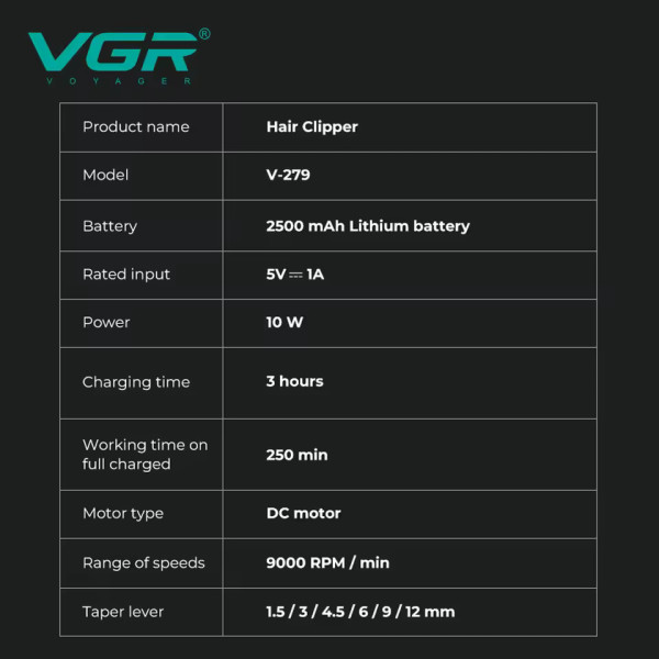 Машинка для стрижки акумуляторна 6 насадок 9000 RPM 2500 mAh LED дисплей червона VGR V-279