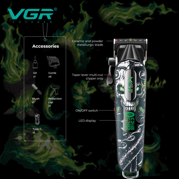 Машинка для стрижки акумуляторна 6 насадок 9000 RPM 2500 mAh LED дисплей червона VGR V-279