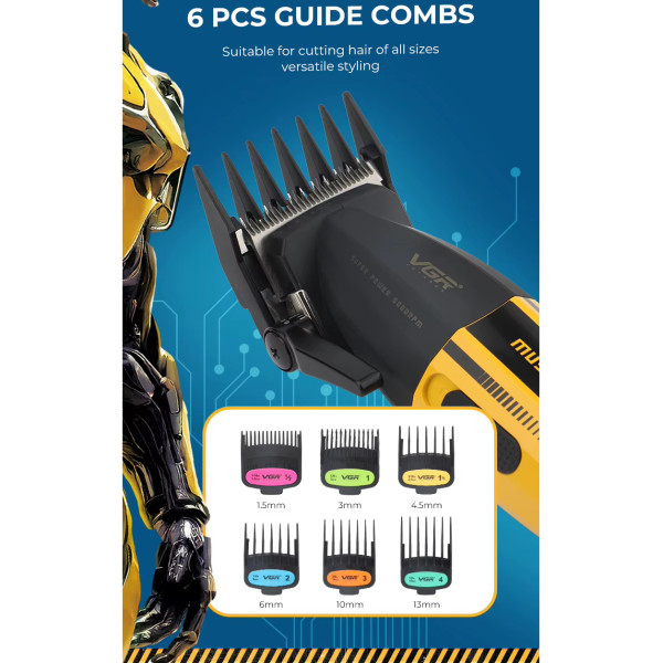 Машинка для стрижки акумуляторна 6 насадок 7000 RPM регулятор висоти LED дисплей чорна VGR V-600