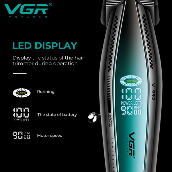 Тример акумуляторний 3 насадки 2000 mAh LED дисплей зелений 9000 RPM VGR V-992