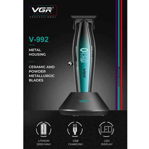 Тример акумуляторний 3 насадки 2000 mAh LED дисплей зелений 9000 RPM VGR V-992