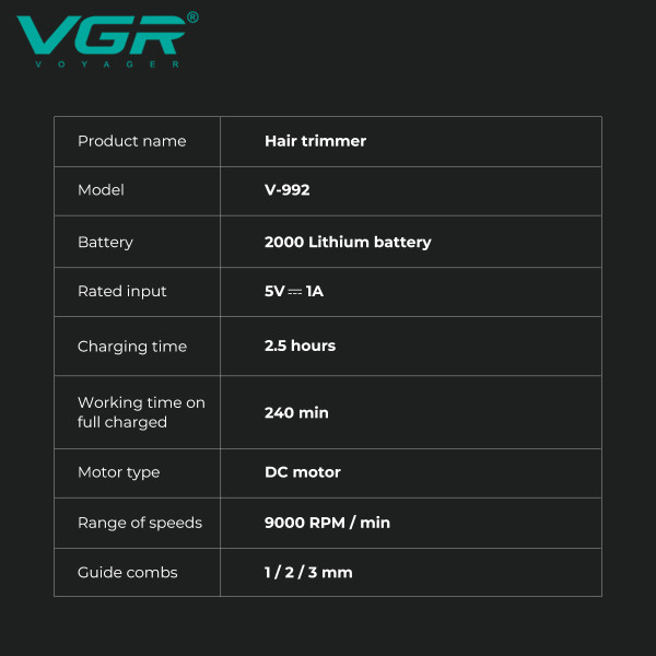 Тример акумуляторний 3 насадки 2000 mAh LED дисплей зелений 9000 RPM VGR V-992