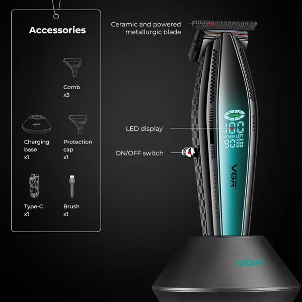 Тример акумуляторний 3 насадки 2000 mAh LED дисплей зелений 9000 RPM VGR V-992