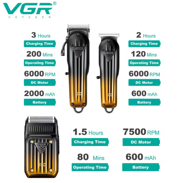 Комплект VGR 3 в 1 V-644 аккумуляторная машинка для стрижки (clipper), триммер и электробритва (шейвер)
