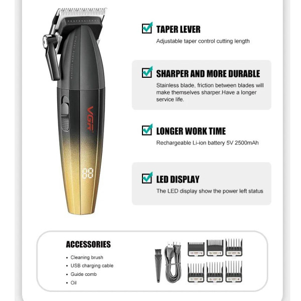 Машинка для стрижки акумуляторна 6 насадок TURBO 9000 RPM керамічне лезо зелена VGR V-003
