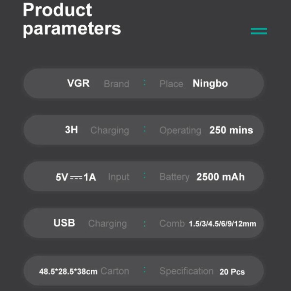 Машинка для стрижки акумуляторна 6 насадок TURBO 9000 RPM керамічне лезо зелена VGR V-003