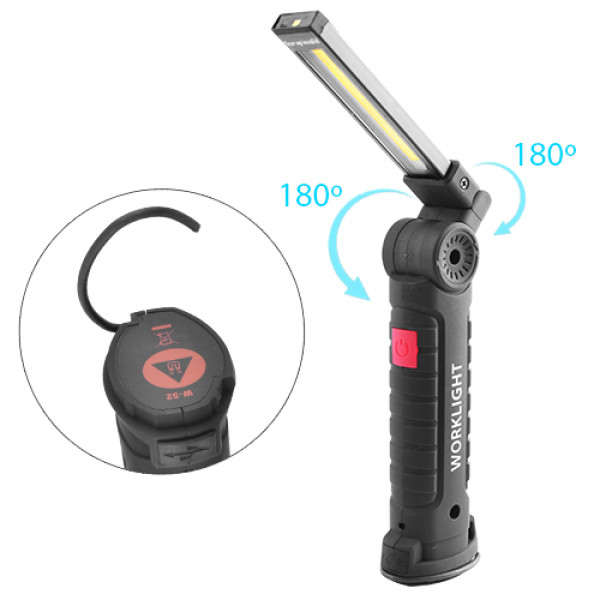 Ліхтар WORKLIGHT-W52-SMD+COB (white+red), Li-Ion акумулятор, поворот 180º+180º, магніт, затискач, гак, ЗУ microUSB