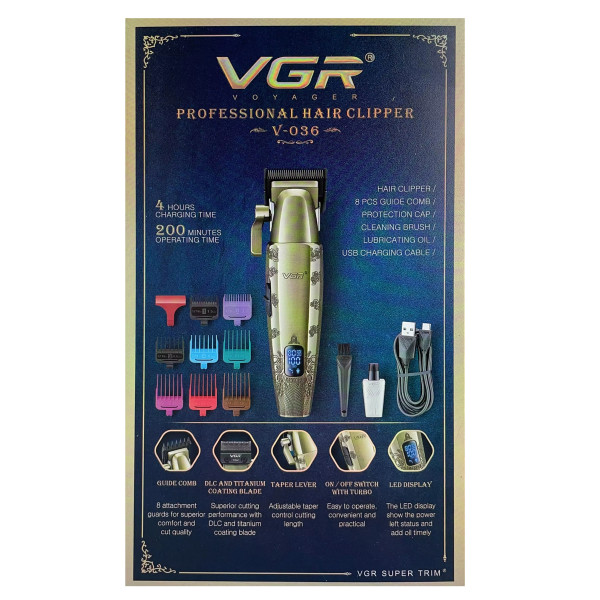 Машинка для стрижки акумуляторна 4 насадки 2500 mAh LED дисплей VGR V-051