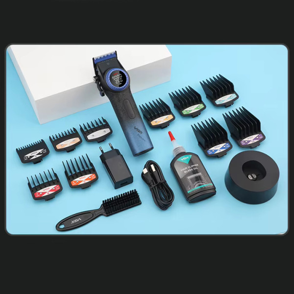 Машинка для стрижки акумуляторна 10 насадок 9000 RPM 4600 mAh LED підсвічування синє VGR V-001