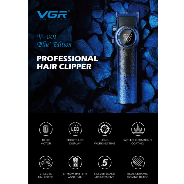 Машинка для стрижки акумуляторна 10 насадок 9000 RPM 4600 mAh LED підсвічування синє VGR V-001