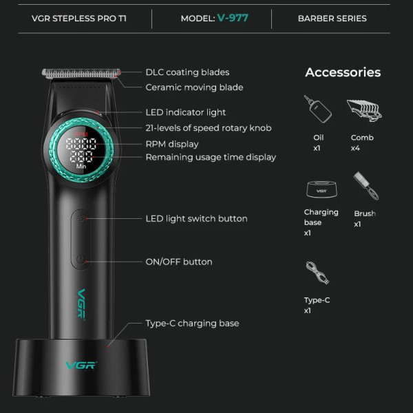 Комплект VGR 2 в 1 V-001&V-977 BLACK, аккумуляторная машинка для стрижки (clipper) и триммер