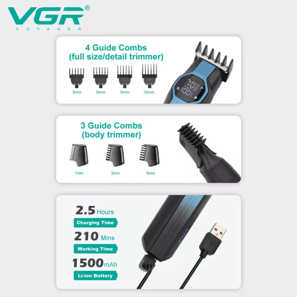 Набір для стрижки 13 в 1 13 насадок LED дисплей VGR V-173 Blue