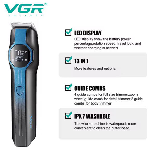 Набір для стрижки 13 в 1 13 насадок LED дисплей VGR V-173 Blue