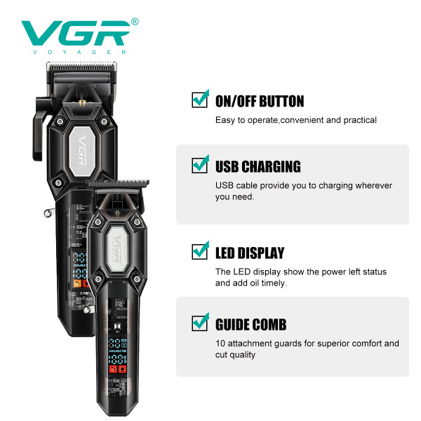 Набір для стрижки 2 в 1 10 акумуляторний насадок LED дисплей чорний 7000 RPM VGR V-600 & 900
