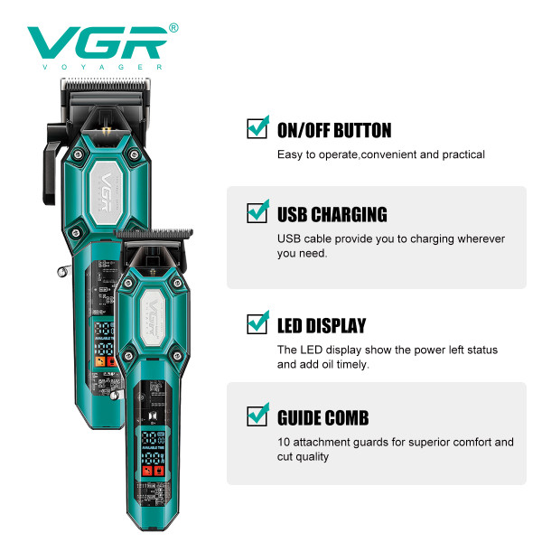Набір для стрижки 2 в 1 10 акумуляторний насадок LED дисплей зелений 7000 RPM VGR V-600 & 900