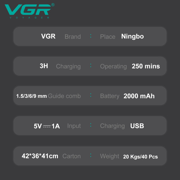 Машинка для стрижки акумуляторна 9 насадок IPX7 VGR V-910