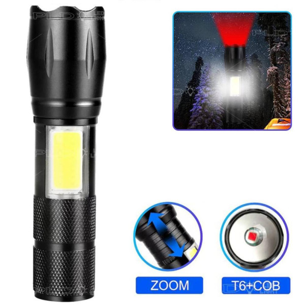 Фонарь C609-T6(red)+COB(white), Li-Ion аккум., ЗУ microUSB, zoom, Box