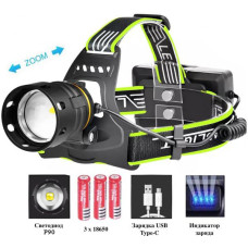 Ліхтар налобний BL-A14-3-P90, power bank, 3x18650, zoom, ЗУ Type-C, Box
