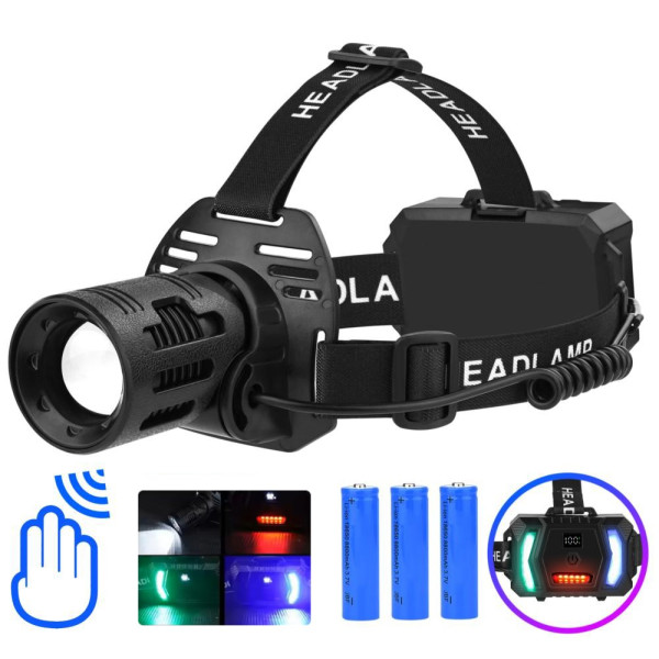 Ліхтар налобний CARBON BL-2322-TG+3LED(white+red+blue+green), Motion Sensor, 3x18650, ЗУ Type-C, zoom