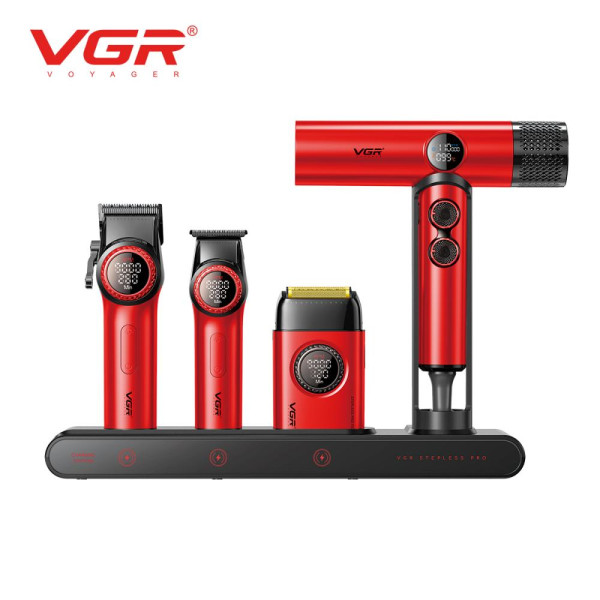 Комплект для стрижки 4 в 1 машинка триммер електробритва та фен VGR STEPLERSS PRO 4 IN 1 Red