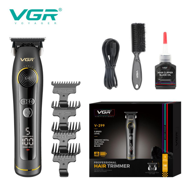 Тример акумуляторний 4 насадки 2000 mAh 5 швидкостей LED дисплей чорний 9000 RPM VGR V-299