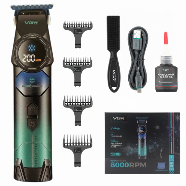 Тример акумуляторний 4 насадки 3000 mAh LED дисплей охолодження ICE TECHNOLOGY 8000 RPM VGR V-946